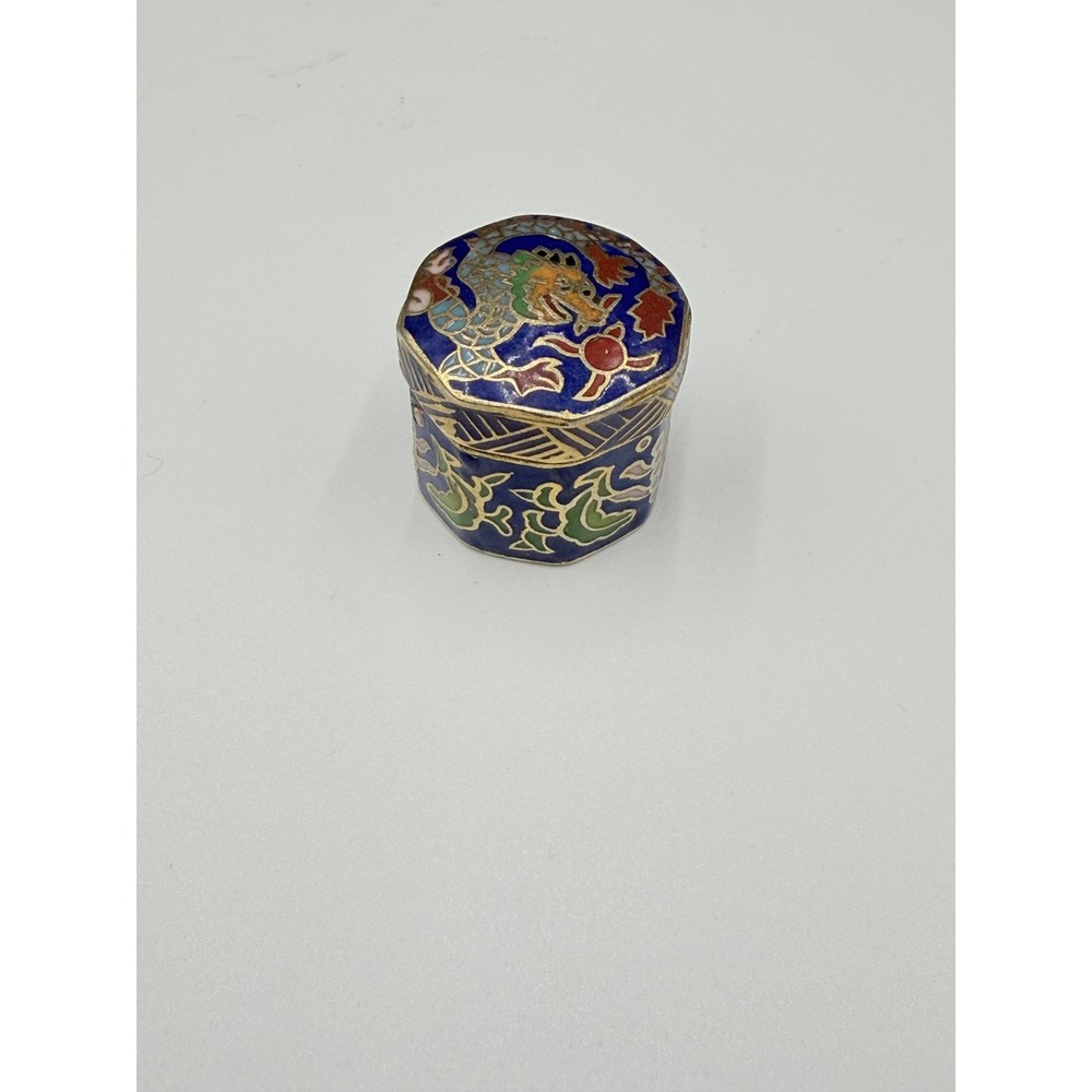 Vintage Chinese Dragon Cloisonne Trinket Pill Box Cobalt Blue 1" Octagonal